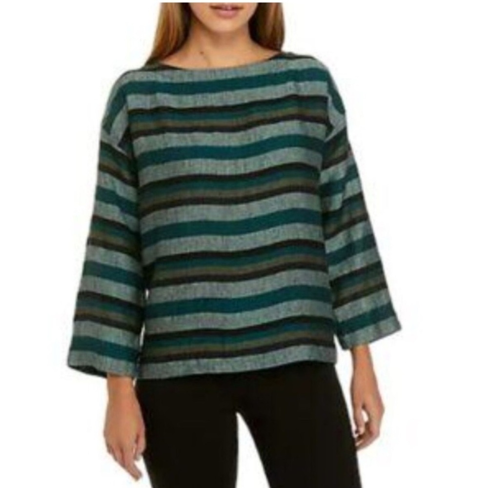 Eileen Fisher Teal Multi Stripe Organic Linen Top Extra Small New Without Tags!